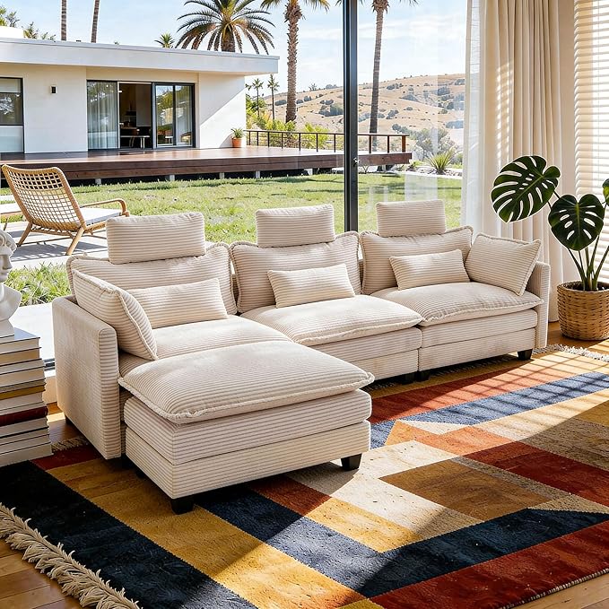FUFU&ampGAGA 112” L Shaped Sectional Couch with Ottoman for Living Room Corduroy Cloud Sofa with Headrest &amp Pillows Modern Deep Seat Sofa Couch Assembly Required Beige 112.2”W x 50.8”D x 41.