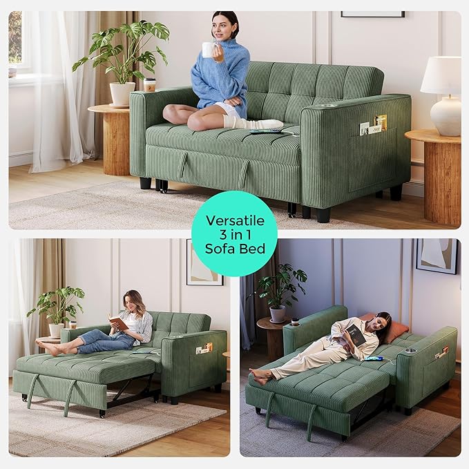 LINSY 3-in-1 Convertible Sofa Bed 54 Pull Out Sleeper Sofa with Charging Station &amp Cup Holder Small Corduroy Couch Folding Loveseat with Side Pocket for Small Space Green