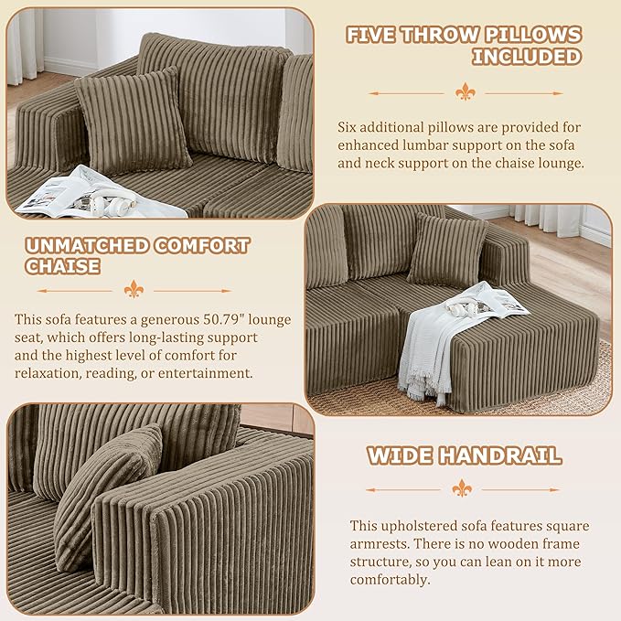 132 U Shaped Couch Boneless Sectional Sofa with Double Chaise Lounge Comfy Memory Foam Corduroy Cloud Couch Modular Sofas Couches for Living Room No Assembly Required (Brown U Shape)