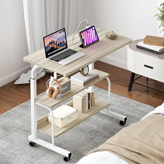 soges Height Adjustable Desk with Charging Station Mobile Computer Workstation with 2 Storage Shelves Small Rolling Desk on Wheels for Home Office Maple