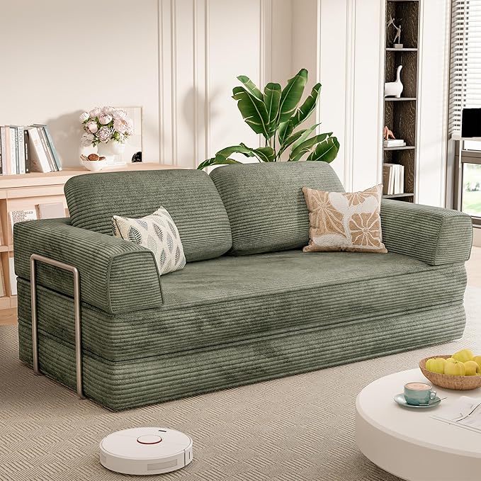 Homall 4-in-1 Convertible Sofa Bed Oversized Boneless Couch with 4 Frame Kits and Removable Armrests Corduroy Sleeper Sofa with 2 Pillows for Small Space No Assembly Required (Green)