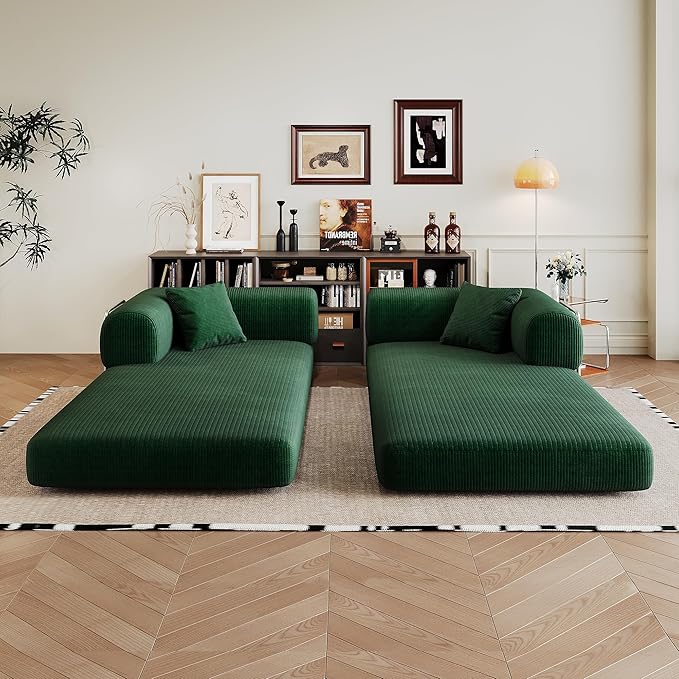 79 Convertible Floor Sofa Bed Modern King Sleeper Folding Mattress Couch with Pillows Corduroy Boneless Sectional Sofa Couch for Living Room Game Room Green