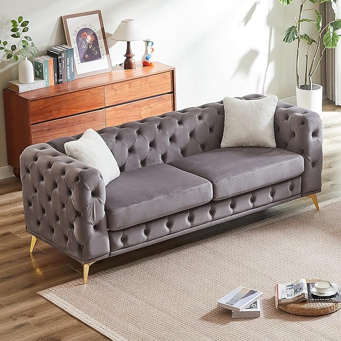 82.5'' Velvet Chesterfield Sofa Button Tufted Upholstered Sofa Couches with 2 Pillows Golden Metal Feets Removable Thick Cushions Comfy Chesterfield Couches for Living Room Apartment Grey