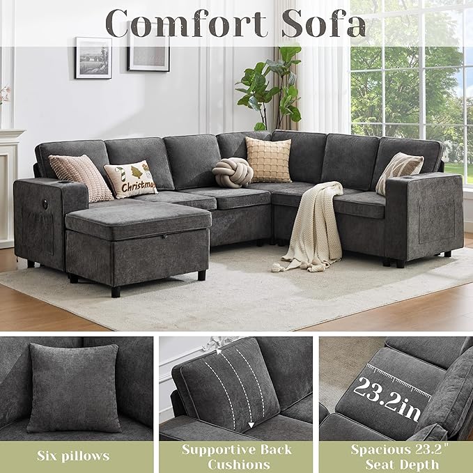 107 Inch Sectional Sleeper Sofa with Pull Out Bed 7 Seat U Shaped Modular Sectional Sofa with Storage Ottoman USB Port &amp 6 Pillows Sectional Couches for Living Room &amp Apartment Modular Cou