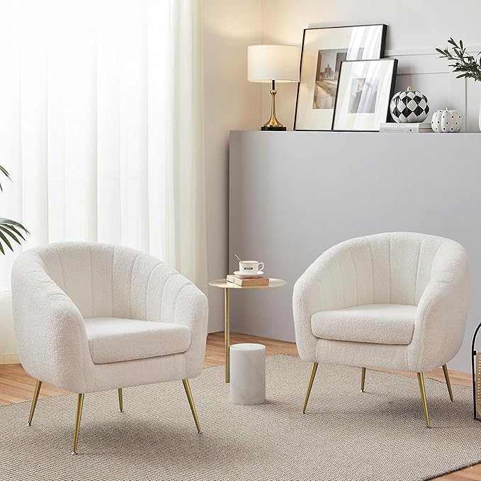 Yaheetech Accent Chair Modern Cozy Vanity Chair with Gold Metal Legs Boucle Fabric Armchair with Removable Seat Cushion for Living Room Bedroom Office Guest Room Ivory 2 pcs