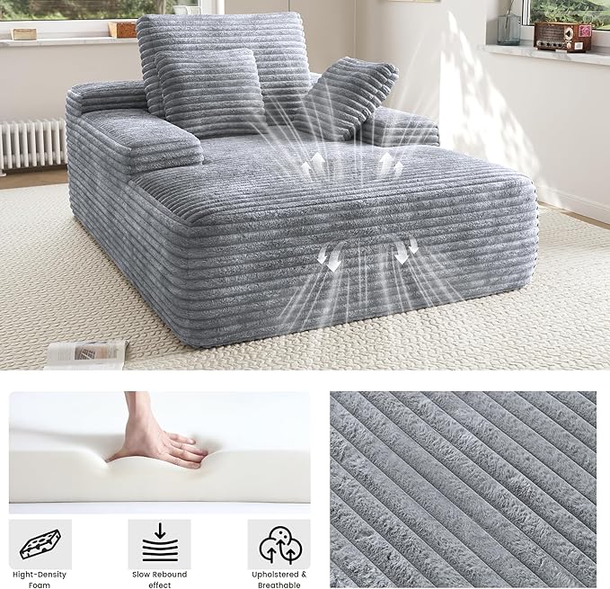 67'' Chaise Lounge Chair Indoor Oversized Boneless Sofa Bed Fluffy Corduroy Sleeper Sofa for Apartment Bedroom Living Room Comfy Cloud Boneless Couch Reading Recliner No Assembly Light Grey