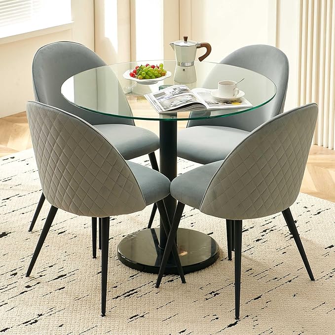 Modern Circle Dining Table Set for 4 35.43-Inch Kitchen Coffee Table Set with 4 Seated Dining Chairs Upholstered Velvet Reception Room Chairs Tulip Glass Table Set Metal and Marble Base