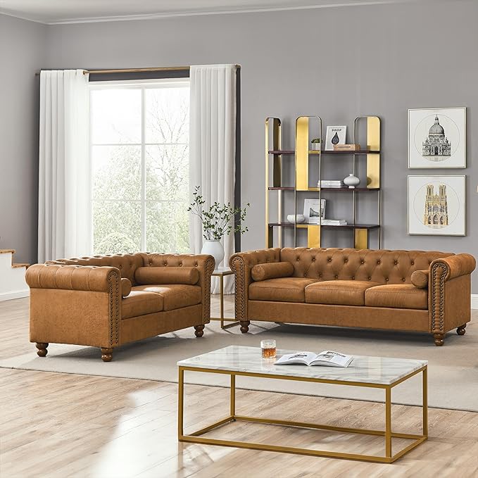 Air Leather Tufted Loveseat Couch Rolled Arm 2-Seater Sofa with Nailhead Trim and 2 Neck Roll Pillows Living Room Small Apartment Office Décor Brown
