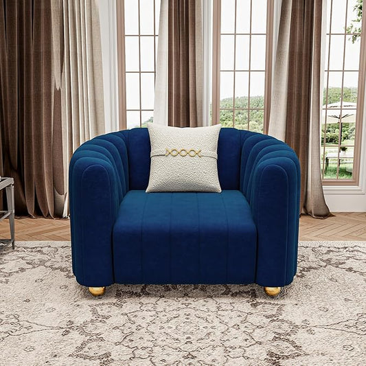 42 Velvet Sofa Chair for Living Room Modern Single Sofa with Gold Metal Sphere Legs (Blue-1 Seater)