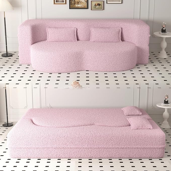 Hommoo Convertible Sleeper Sofa Bed Futon Sofa Folding Mattress Couch Full Size Teddy 2 in 1 Compression Floor Lounge Couch High Density Foam for Living Room/Guest Room/Apartment Pink