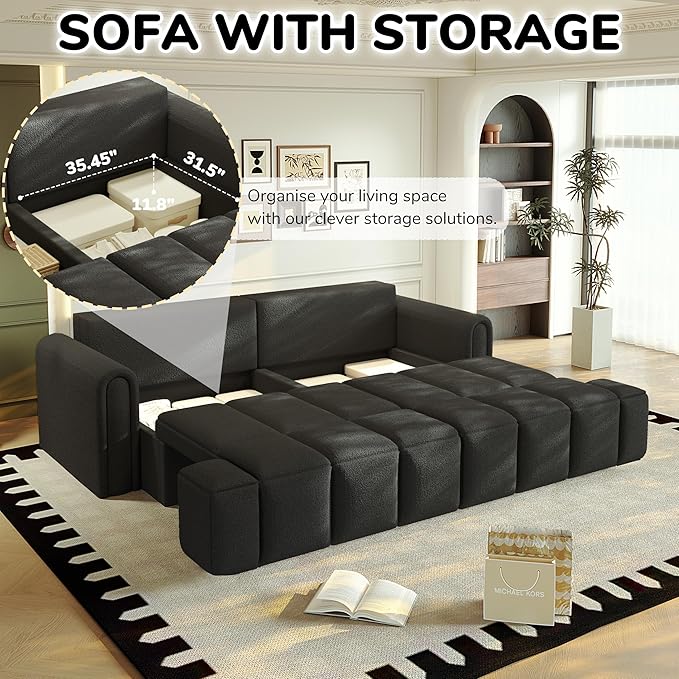 90 Comfy 4-Seater Modern Teddy Sofa with Seats Storage King Size 3-in-1 Convertible Sleeper Sofa Bed for Living Room (Black)
