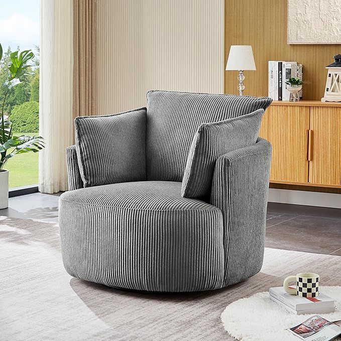 Swivel Accent ChairModern Accent Chairs for BedroomLiving Room Chair ComfyCorduroy Arm Chair360°Swivel Barrel Chairs for Living Room(1 Dark Gray)