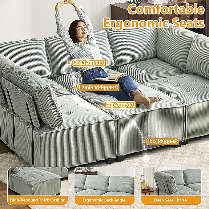 121 Inch Cloud Modular Sectional Sofa Oversized U Shaped Modular Couch with Reversible Chaise 6 Seat Comfy Convertible Sectional Sofa with Ottoman for Living Room Mint Green
