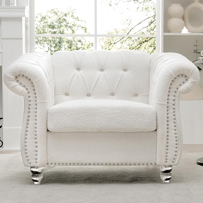 Oversized Chesterfield Chair Upholstered Accent Chair with Tufted Back Club Chair for Living Room Bedroom Gothic Victorian (White-p)