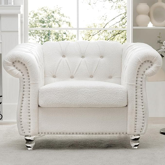 Oversized Chesterfield Chair Upholstered Accent Chair with Tufted Back Club Chair for Living Room Bedroom Gothic Victorian (White-p)