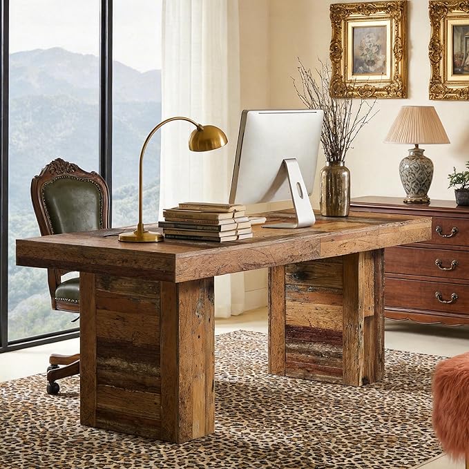 Tribesigns 63 Large Executive Desk Farmhouse Computer Office Desk Wooden Writing Table Rustic Rectangle Business Workspace Table for Home Office Distressd Brown