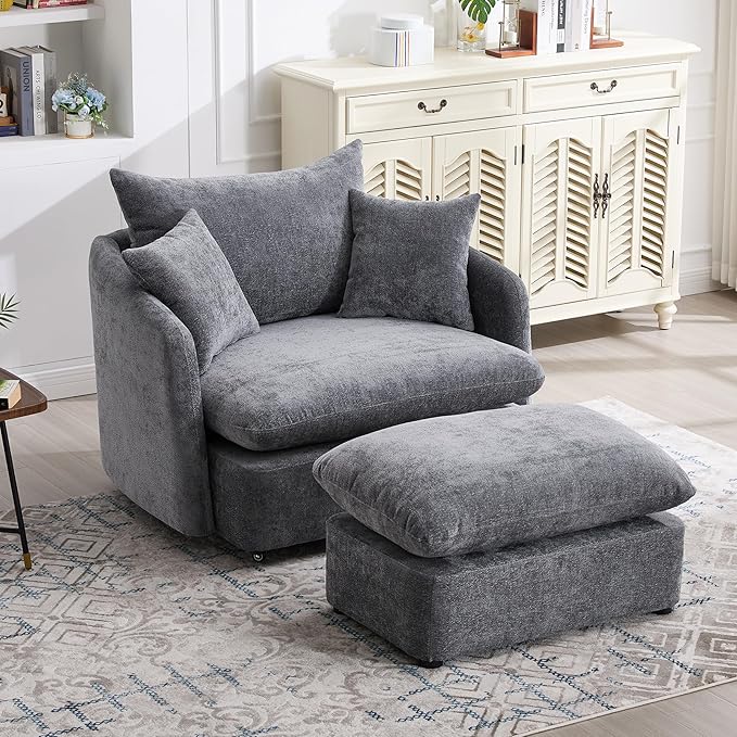 46.1 Wide Swivel Accent Chair with Ottoman Set of 2 Modern Swivel Barrel Chair for Living Room 360 Degree Oversized Accent Chair Upholstered Sofa Armchair for Bedroom Chenille Grey