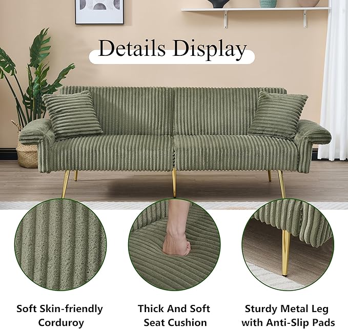 79 W Foldable Sofa BedOverstuffed Futon LoveseatComfy Upholstered Sofa Chair with Adjustable Armrests &amp BackrestConvertible Extra Deep Sleeper Sofabed for Living Room (Green 2 Seat)