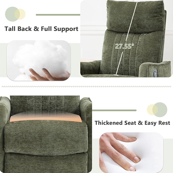 cinkehome Swivel Rocker Recliner Glider Rocking Recliner Chair for Nursery Manual Reclining Chair with Heated Massage Small Spaces Living Room Olive Green Chenille