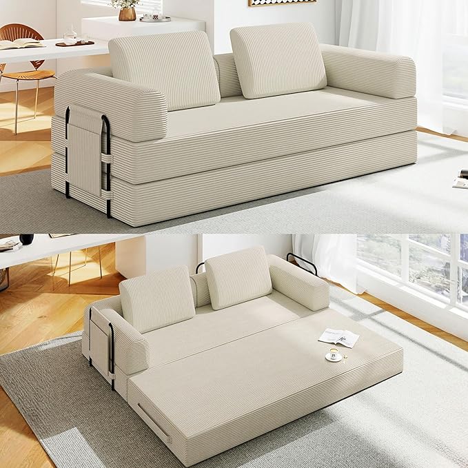 Convertible Sofa Bed 5-in-1 Pull-Out Futon Boneless Couch for Living Room &amp Guest Room Corduroy Sleeper Sofa with Steel Support Brackets 78.7 3-Seater with 2 Pillows (Beige)