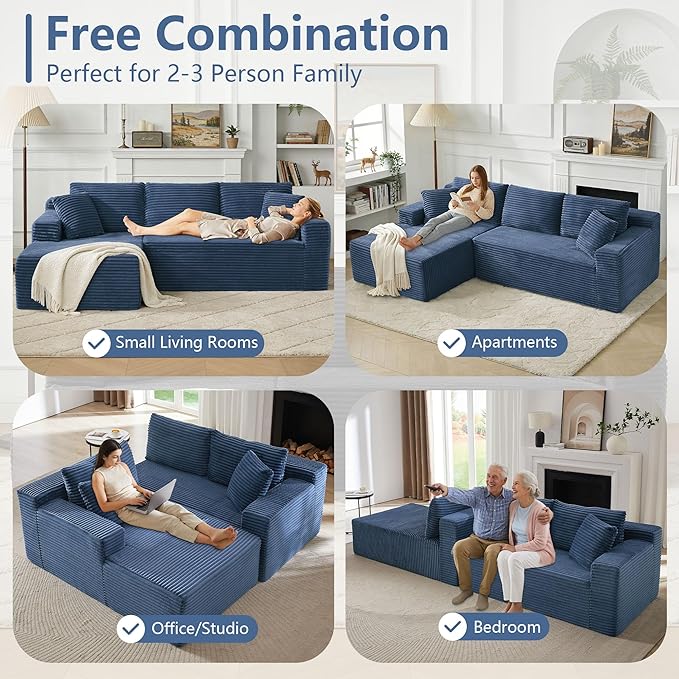 KIVENJAJA 103” Corduroy Boneless Couch L-Shaped Sectional Sofa with Left Facing Chaise Cloud Compression Couches for Living Room Apartment Home Office No Assembly Required Navy Blue