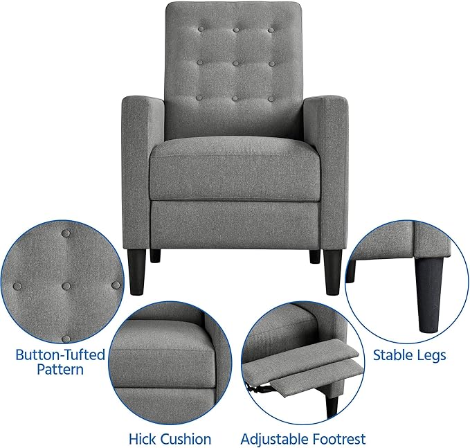 Yaheetech Home Theater Seating Single Fabric Recliner for Living Room Chair Adjustable Sofa with Thicker Seat Cushion Tufted Upholstered Sofa with Pocket Spring for Living Room Bedroom Dark Gray