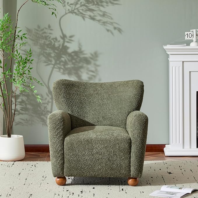 Christopher Knight Home Lindy Wingback Accent Chair Upholstered Armchair with Rounded Wooden Legs Curved Backrest Single Sofa Soft Cushion Seating Comfy Lounge Chair for Living Room Olive Green