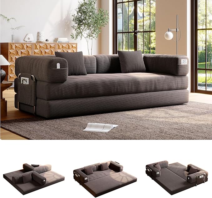 5-in-1 Folding Convertible Sofa Bed Loveseat Sleeper with Pull-Out Bed Floor Sofa Modular Futon Couch 79 Oversized Corduroy Upholstered Boneless Couch for Living Room Bedroom Lounge A-Brown