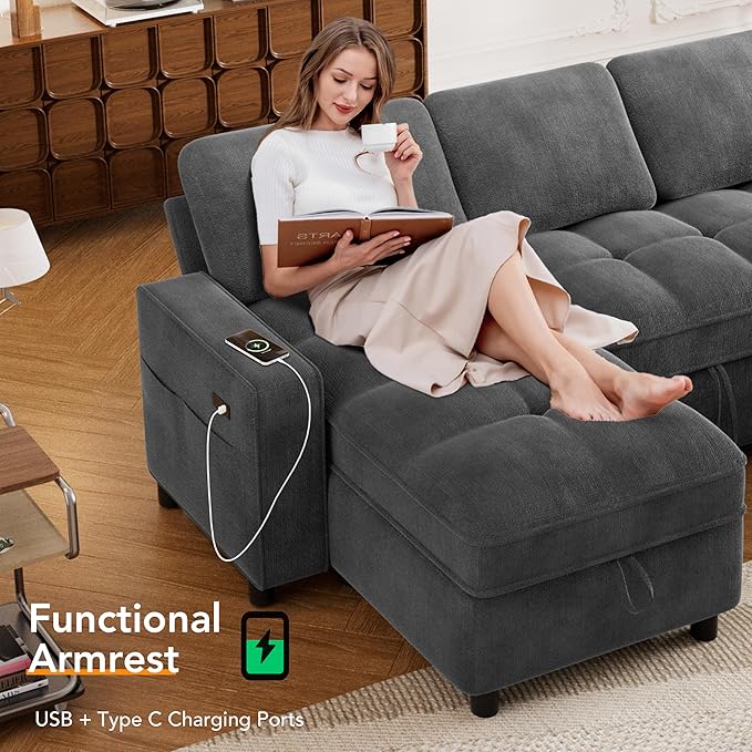 Sunny Heart Sleeper Sofa Bed 81 L Shaped Couch Sleeper Sofa Pull Out Couch Bed with Reclining Backrest | Reversible Storage Chaise | USB Port | Side Pocket | Tool-Free Assembly | Chenille Dark Grey