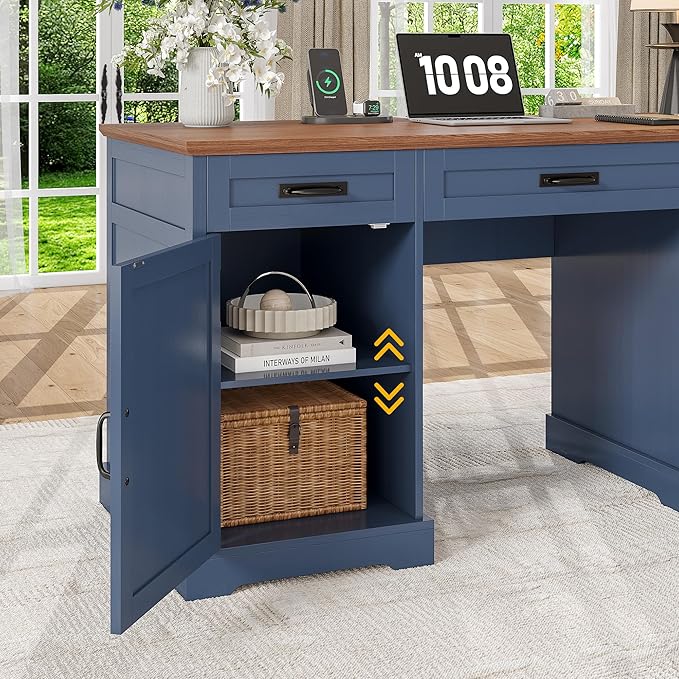 Whalefall 55'' Farmhouse Desk Home Office with Drawers Executive Computer Desk Wooden with File Cabinet and Charging Station Blue