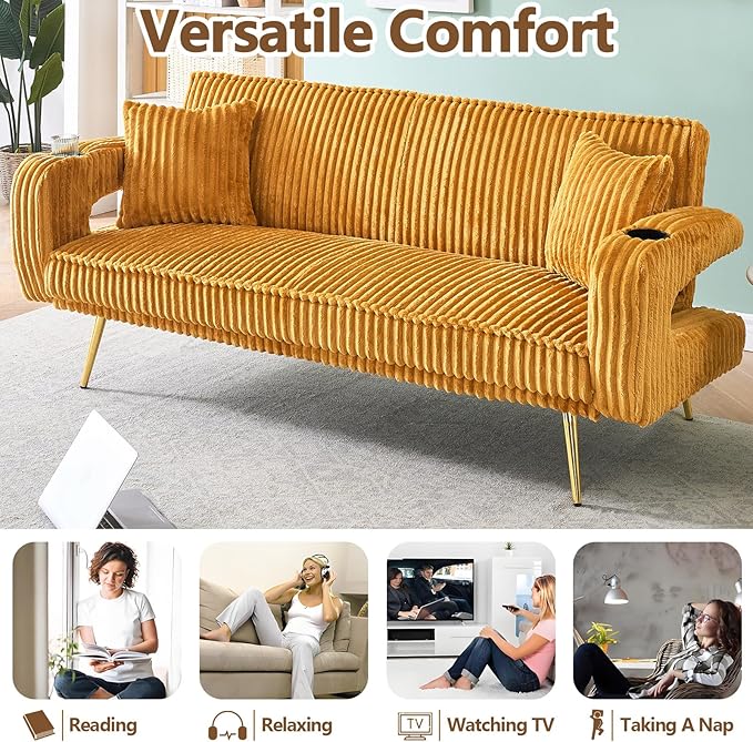 70 Beige Futon Couch Bed Sofa Comfortable Futon Loveseat with Cupholders &amp Arms Convertible Fouton Sofas with Adjustable Backrest &amp Pockets for Small Spaces Living Room Bedroom Dorm (Orange