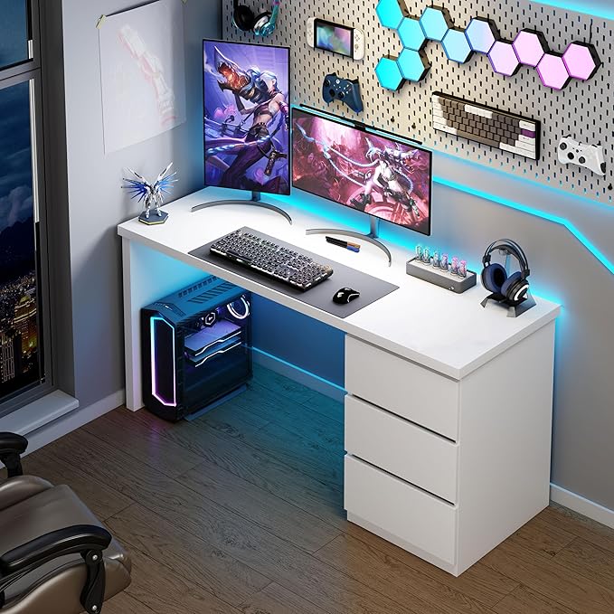 furtble White Desk with Drawers 47'' W Home Office Computer Desk Gaming Table Modern Vanity Desk with Storage Wood Writing Workstation for Bedroom Living Room