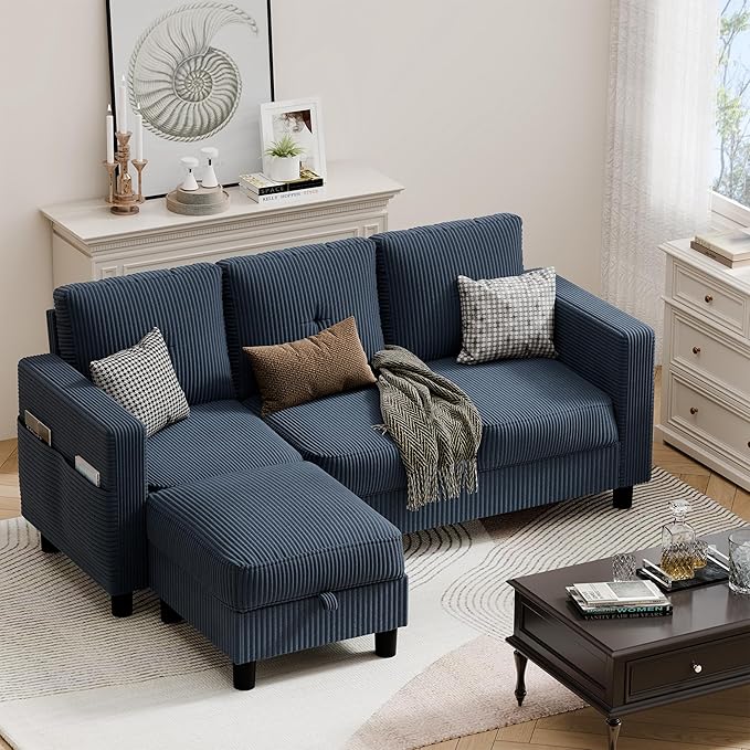 JAMFLY Convertible Sectional Couches for Living Room L-Shaped Couch 3 Seat Sectional Sofa Set with Polyester Fabric and Movable Ottoman Small Couch for Apartments Office(Blue)