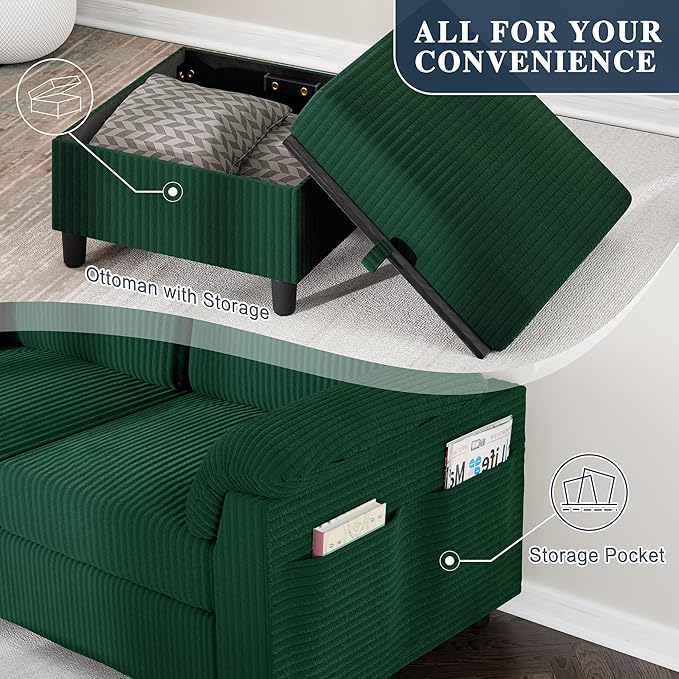 Meilocar Sectional Sofa Couch for Living Room 79 Sectional Couch with Storage Ottoman L Shaped Couches with Armrests Side Storage Pockage 3-Seat Sofa Couches for Living Room Apartment Green