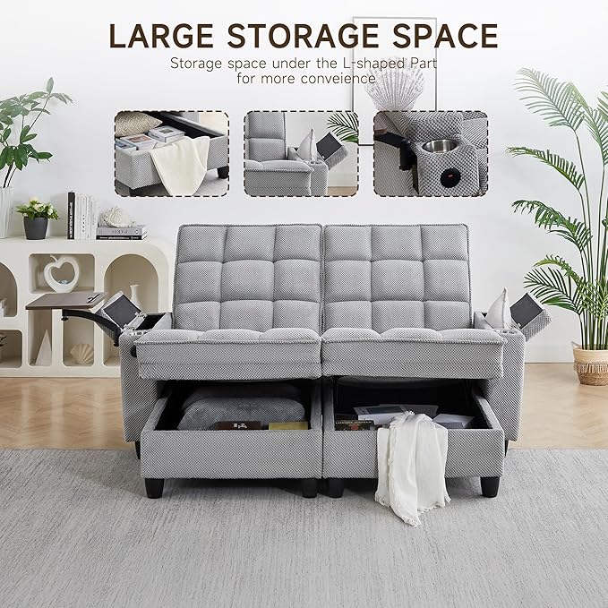 70.9'' Double Chaise Lounge with 360 Degree rotatable Side Table Comfy Corduroy Indoor Lounge Chair with Armrest Storage Cup Holder USB Port Pillow for Living Room (Light Gray)