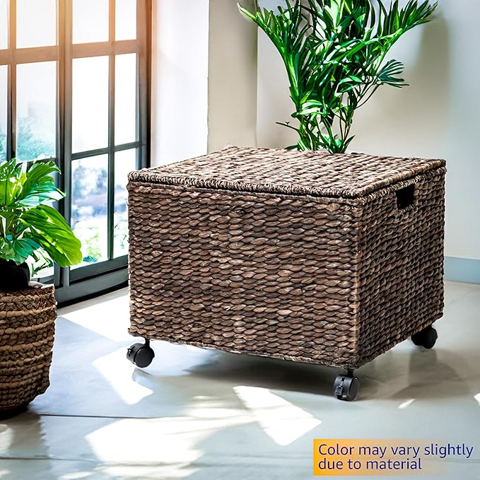 Trademark Innovations Rolling File Box Wicker File Cabinet Hanging File Baskets Water Hyacinth Storage Basket (Brown)