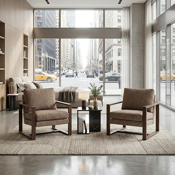 Modern Linen Accent Chair Set of 2 for Living Room Bedroom Mid Century Armchairs with Metal Frame Upholstered Office Accent Chairs Comfy Waiting Room Chairs with Metal Frame Espresso Brown