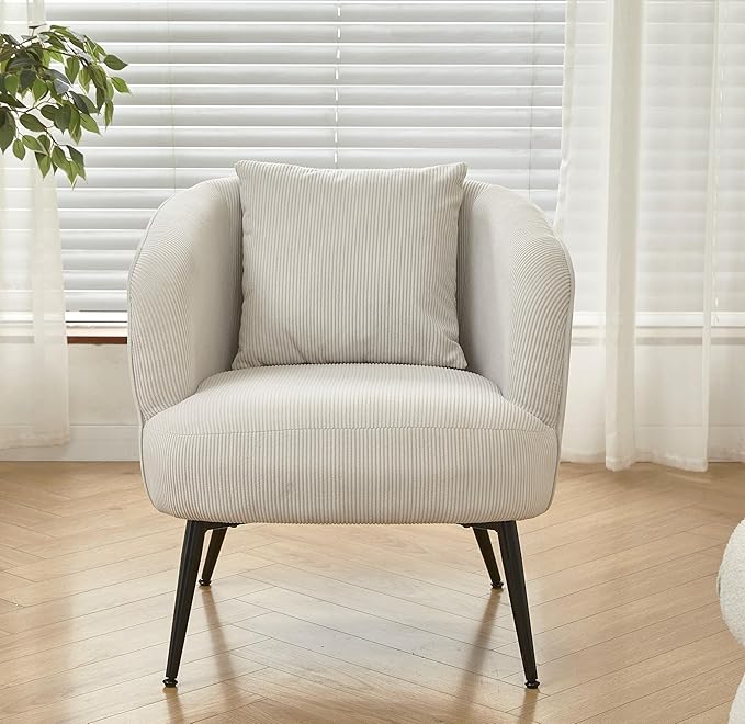 Modern Channel Corduroy Accent Chair with Black Metal Legs Luxurious Design and Comfortable Seating Ideal for Living Room Bedroom or Office Beige