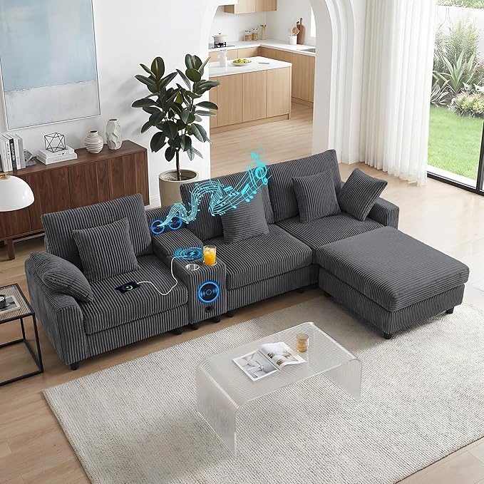 114 Corduroy Modular Sectional Sofa with Bluetooth Speakers &amp USB Ports Deep Seat L Shaped Couch with Storage Console Cup Holders Movable Ottoman Cloud Comfy Gaming Sofa for Living Room (Gray