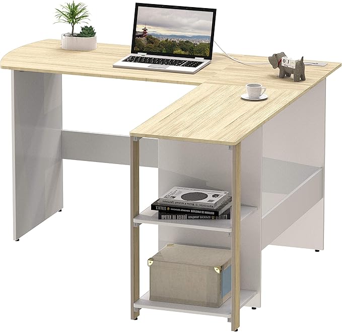 SHW 51 x 51 Inches L-Shaped Home Office Wood Corner Desk wtih Storage Oak