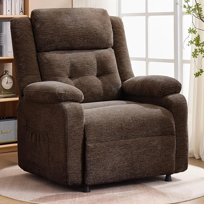 Power Recliner Chair for Adults Oversized Electric Recliner with Thickened Cushions Chenille Fabric Reclining Chair for Living Room Bedroom Brown
