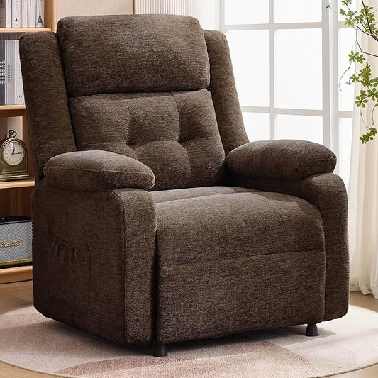 Power Recliner Chair for Adults Oversized Electric Recliner with Thickened Cushions Chenille Fabric Reclining Chair for Living Room Bedroom Brown