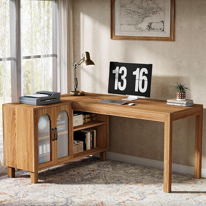 Tribesigns L-Shaped Desk with File Cabinet 59-Inch Executive Office Desk with Storage Shelves Wooden Study Writing Desk Farmhouse Corner Computer Desk for Home Office Rustic Brown