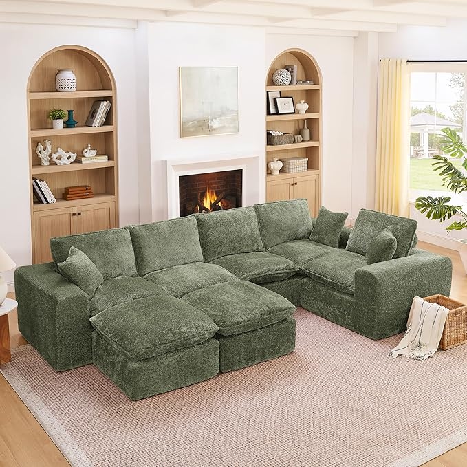 L-Shaped Boneless Modular Sectional Cloud Couches 7 Seat Modular Boucle Floor Foam Boneless Sofa Couch with Ottomans Headrest Pillows and Removable Cushions
