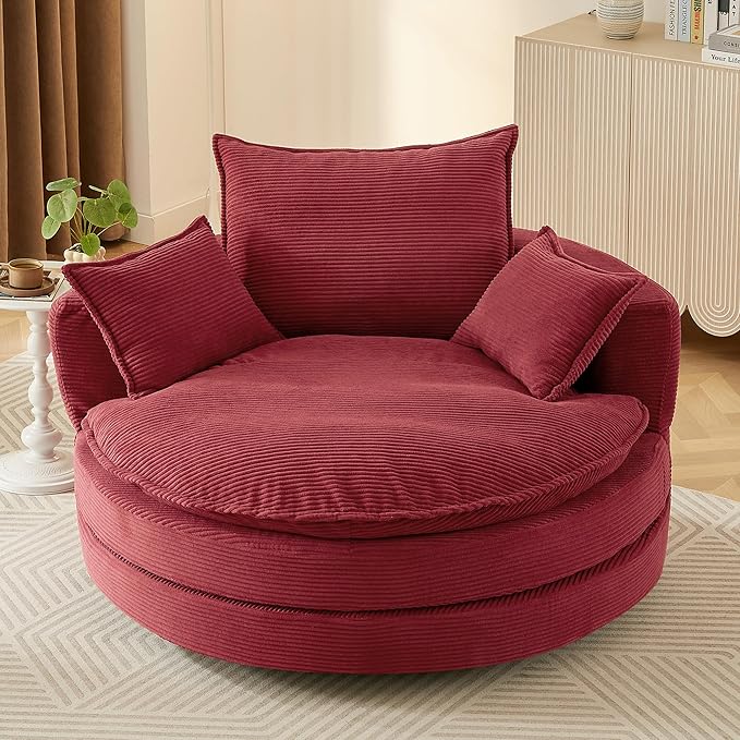 Eafurn 57.5 Oversized Swivel Barrel Chair with Dual-Layer Cloud Cushion Modern Corduroy Accent Round Chair for Living Room 360° Rotating Lounge Armchair with 3 Pillows for Bedroom &amp Reading Noo
