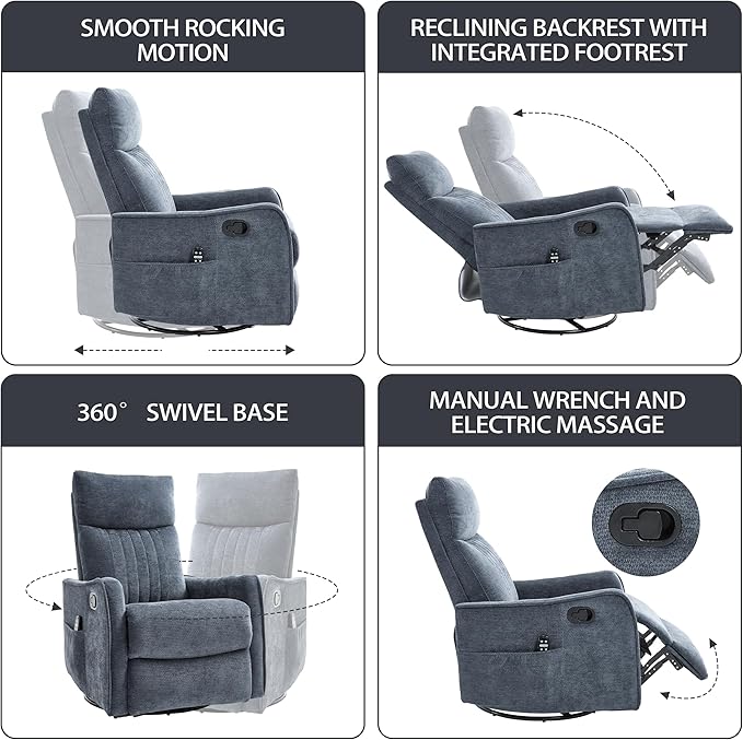 PELUMY 360 Swivel Rocking Recliner Chair for Adults Nursery Rocking Chair with Heat and Massage Glider Reclining Chair for Small Space Living Room Bedroom (Chenille Blue Grey)