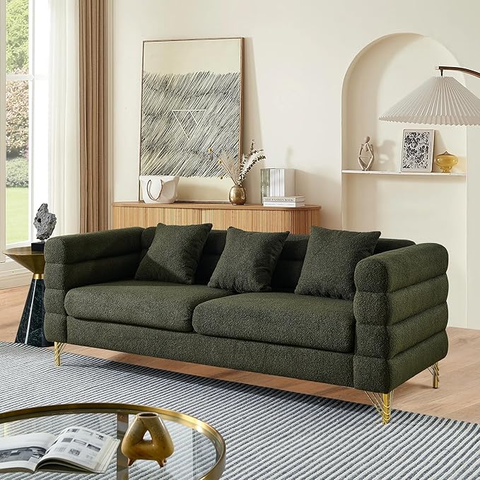 mikibama Modern Teddy Sectional Sofa 81 Inch Oversized Sofa Couch Luxury 3 Seater Deep Couch with 3 Pillows and Gold Metal Legs for Living Room Bedroom Apartment (Green)