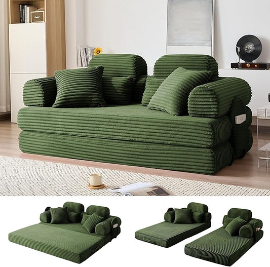 79'' Upgrade High Backrest Convertible Sofa Bed with Fixed Frame Removable Armrests &amp Backrest Corduroy Sleeper Couch No Assembly Guest Bed for Small Spaces (High Backrest Olive Green) | Conve
