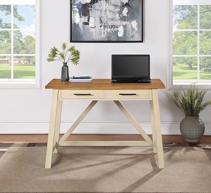 OSP Home Furnishings Milford Rustic 42 Inch Writing Desk with 2 Drawers and Burnished Decorative Hardware Antique White