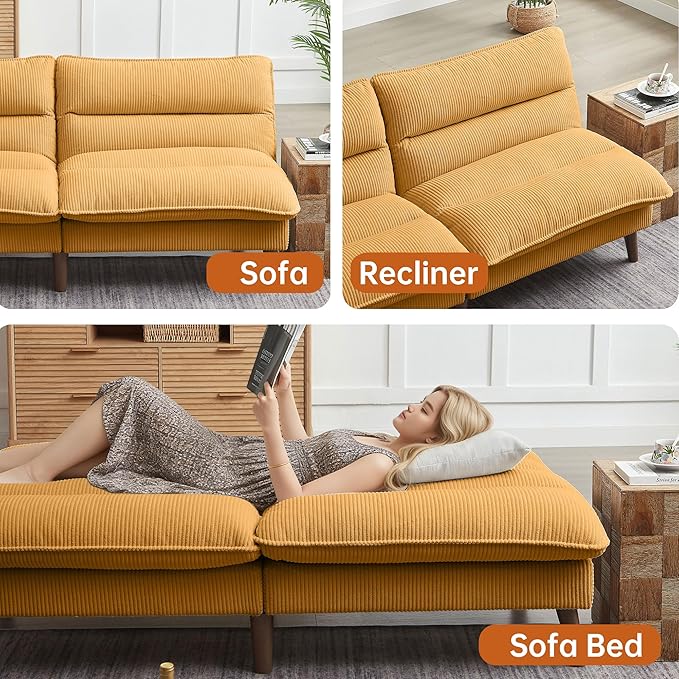 Convertible Sofa Bed 72″ Fabric Couch with Adjustable Backrest Loveseat Recliner Sleeper Living Room Furniture futon Set for Apartment Small Space Yellow